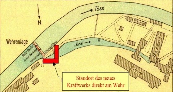 Das Bild zeigt die Lage des neuen Kraftwerks am Wehr